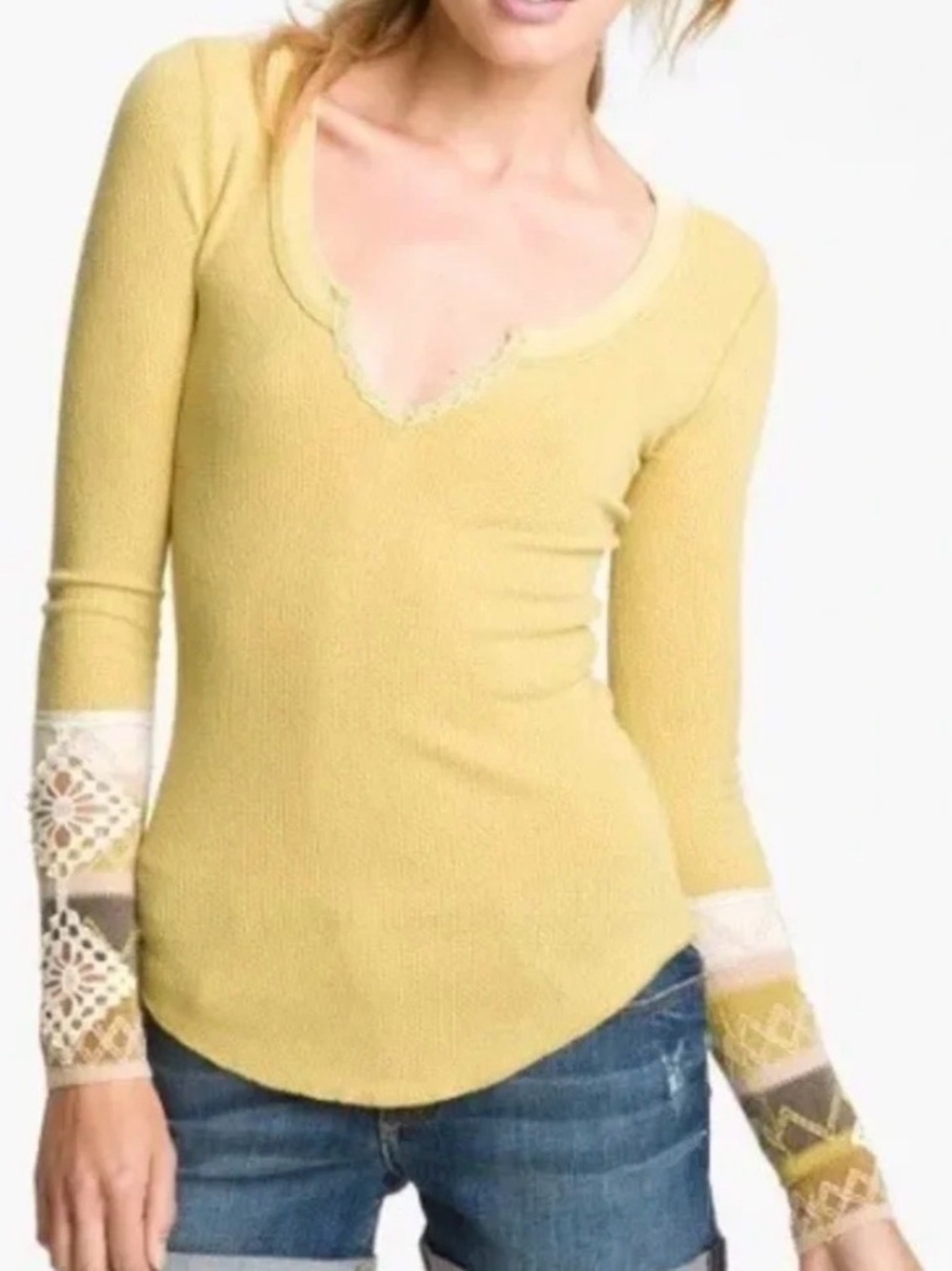 FREE PEOPLE Kombucha Crochet Cuff Thermal Long Sleeve Embroidered Yellow-Large